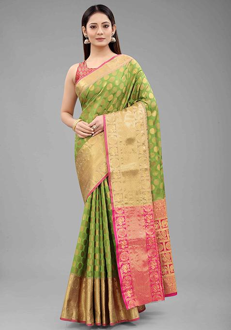Green Zari Embroidered Banarasi Silk Saree Set