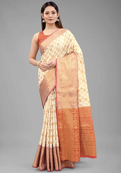 White Zari Embroidered Banarasi Silk Saree Set