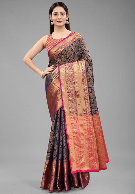 Navy Blue Zari Embroidered Banarasi Silk Saree Set