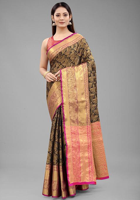 Black Zari Embroidered Banarasi Silk Saree Set