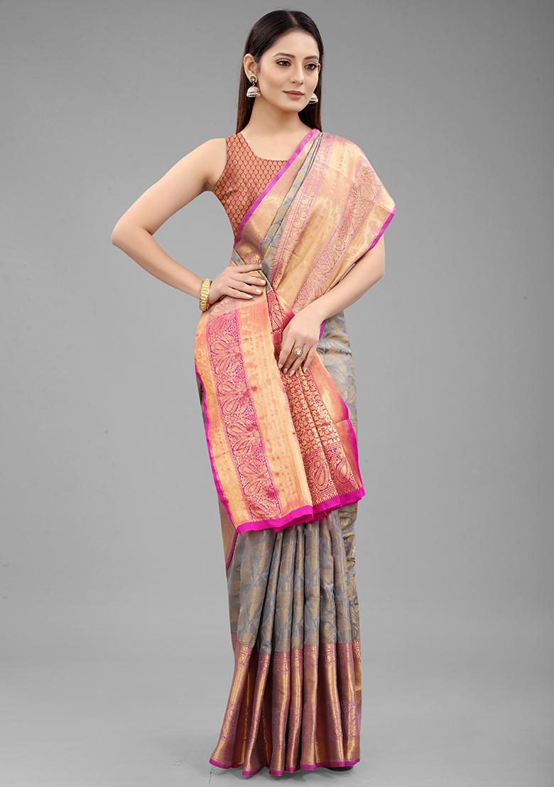Grey Zari Embroidered Banarasi Silk Saree Set - Indya