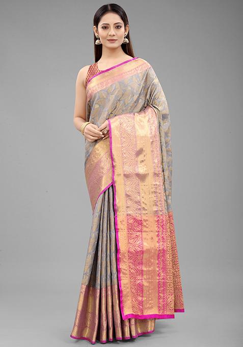 Grey Zari Embroidered Banarasi Silk Saree Set