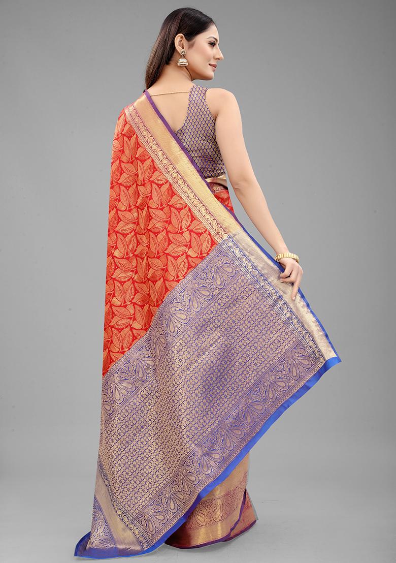 Red Zari Embroidered Banarasi Silk Saree Set