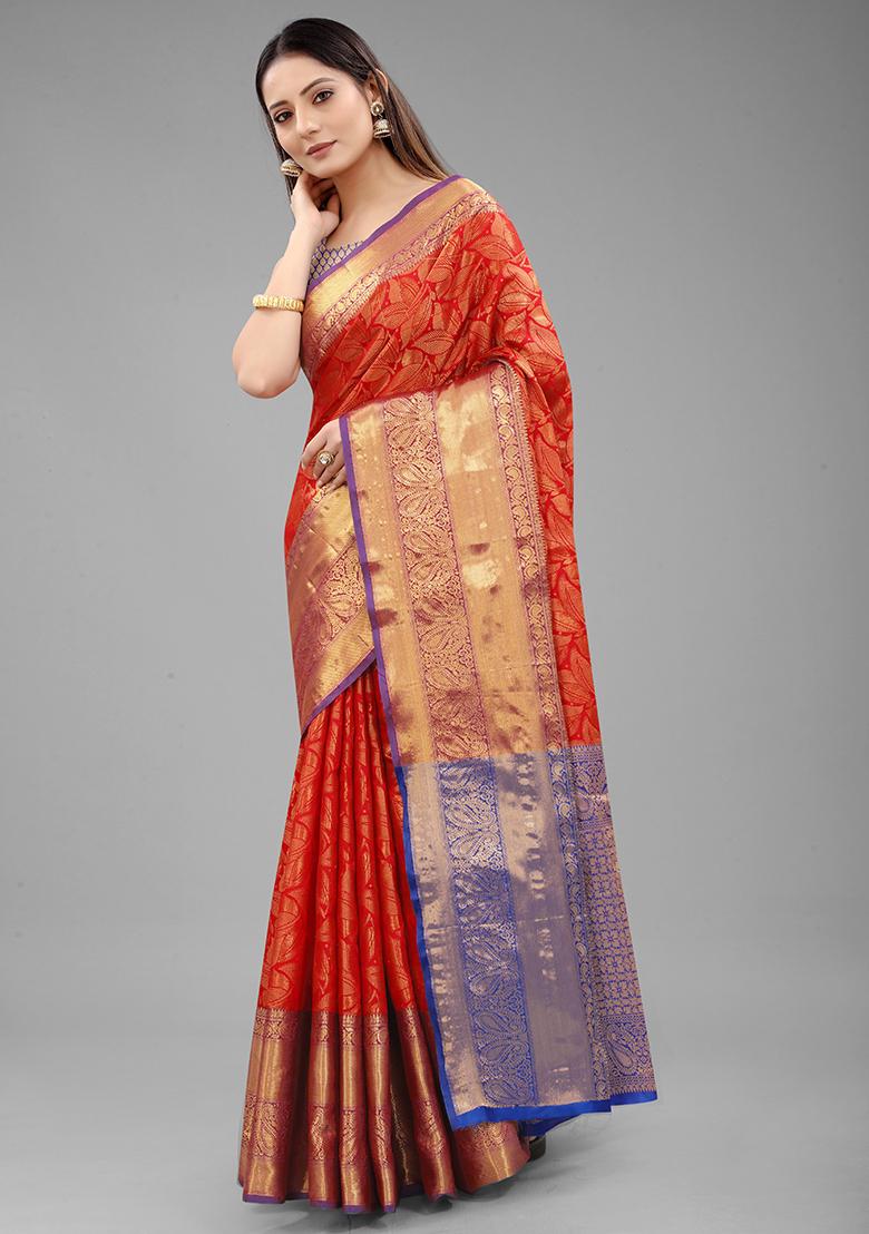 Red Zari Embroidered Banarasi Silk Saree Set