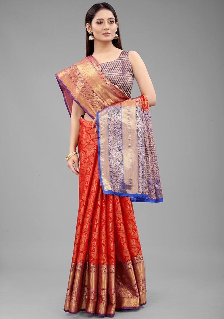 Red Zari Embroidered Banarasi Silk Saree Set