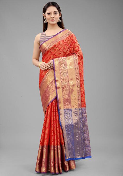 Red Zari Embroidered Banarasi Silk Saree Set