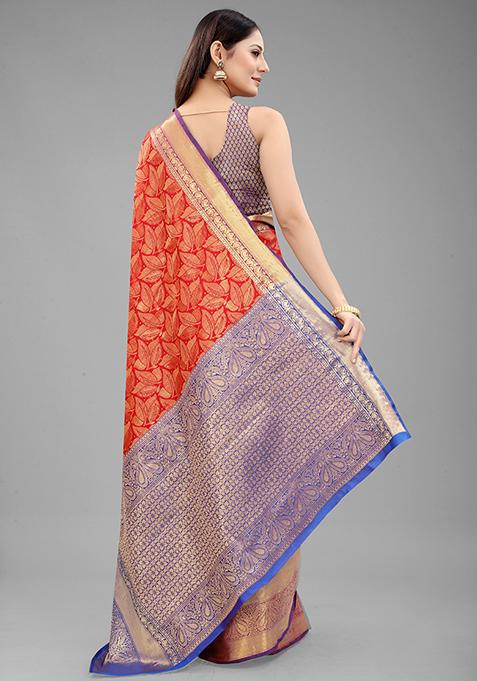 Red Zari Embroidered Banarasi Silk Saree Set