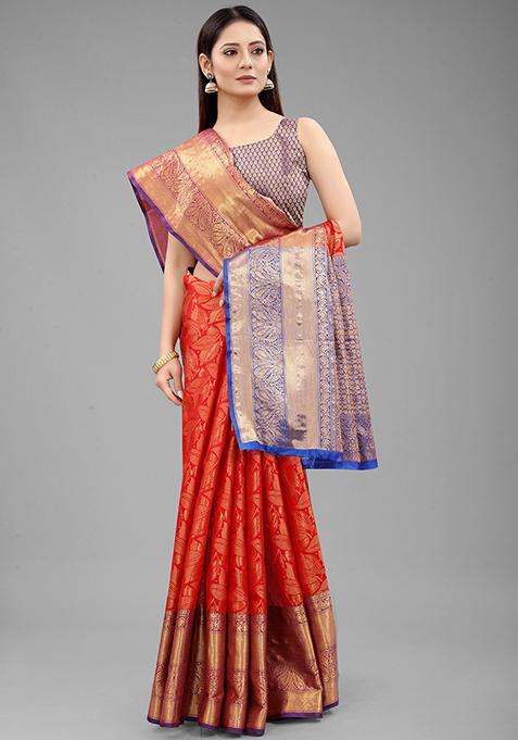 Red Zari Embroidered Banarasi Silk Saree Set