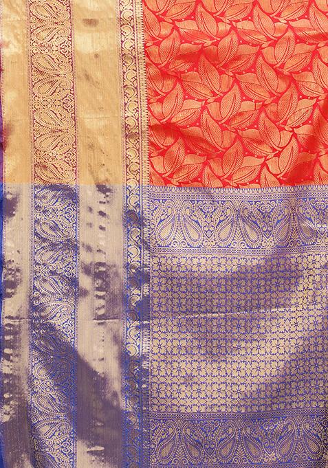 Red Zari Embroidered Banarasi Silk Saree Set