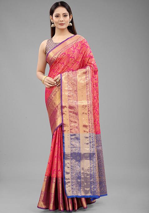 Pink Zari Embroidered Banarasi Silk Saree Set