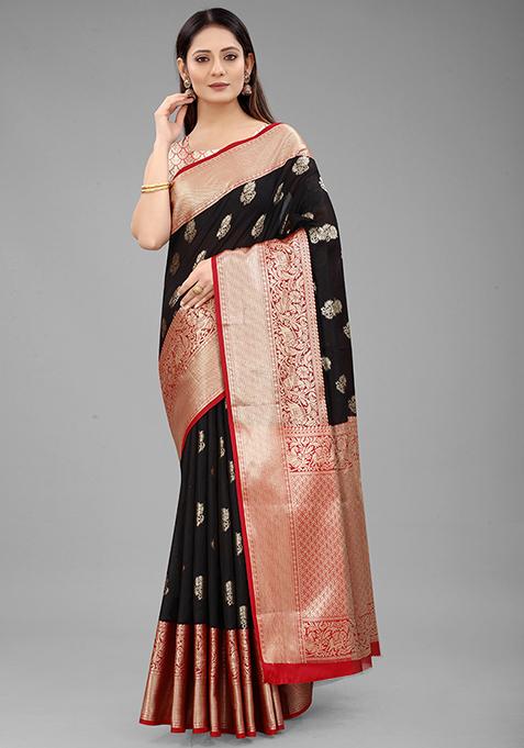 Black Zari Embroidered Kanjivaram Silk Saree Set