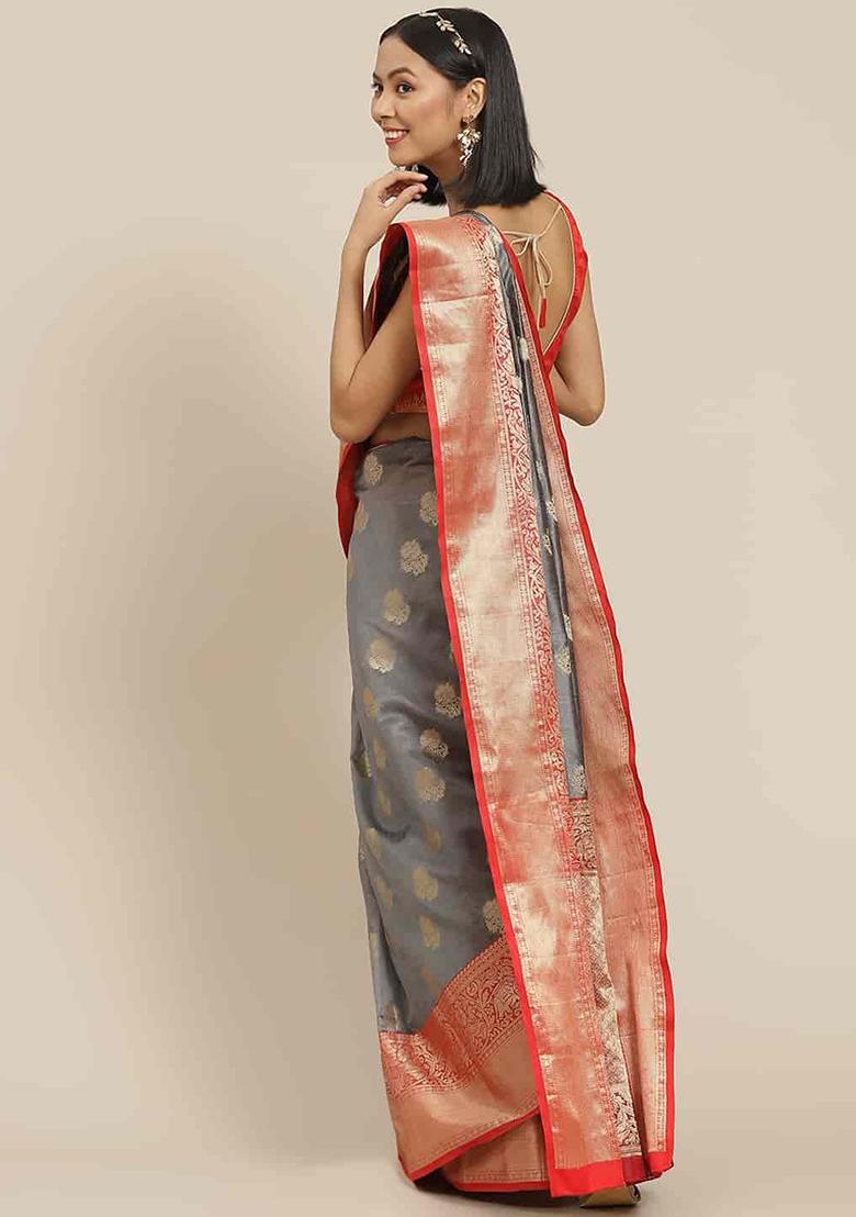 Grey Zari Embroidered Kanjivaram Silk Saree Set