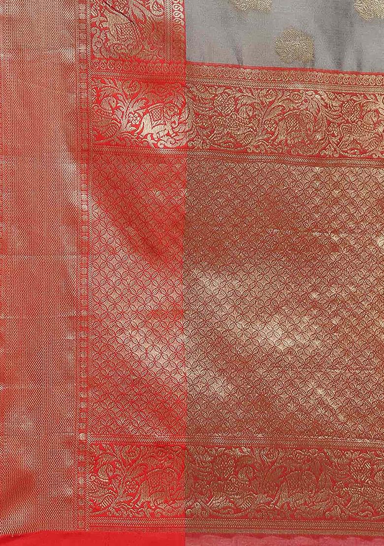 Grey Zari Embroidered Kanjivaram Silk Saree Set