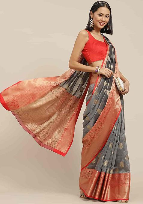 Grey Zari Embroidered Kanjivaram Silk Saree Set