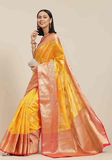 Yellow Zari Embroidered Kanjivaram Silk Saree Set