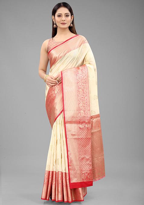 White Zari Embroidered Kanjivaram Silk Saree Set