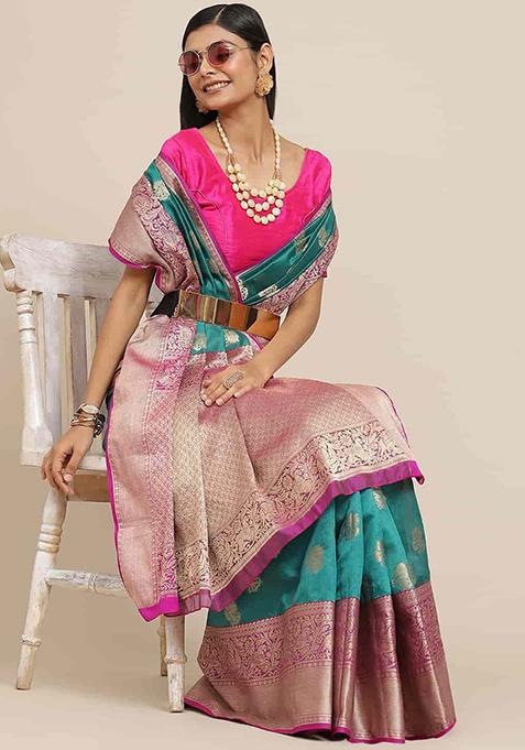 Turquoise Zari Embroidered Kanjivaram Silk Saree Set