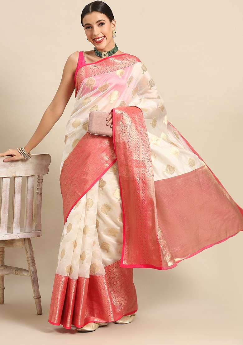 White Zari Embroidered Kanjivaram Silk Saree Set - Indya