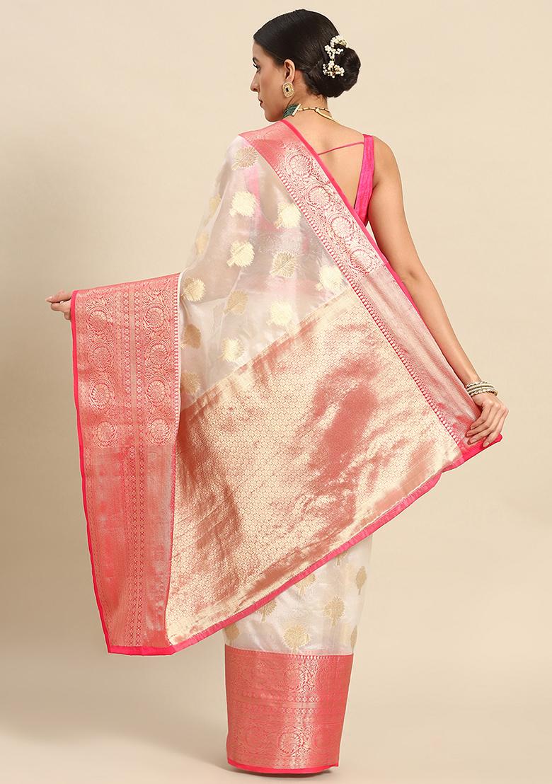 White Zari Embroidered Kanjivaram Silk Saree Set