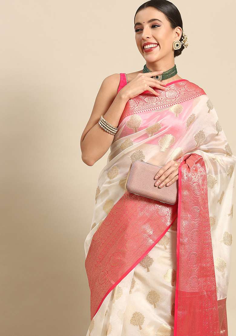 White Zari Embroidered Kanjivaram Silk Saree Set - Indya