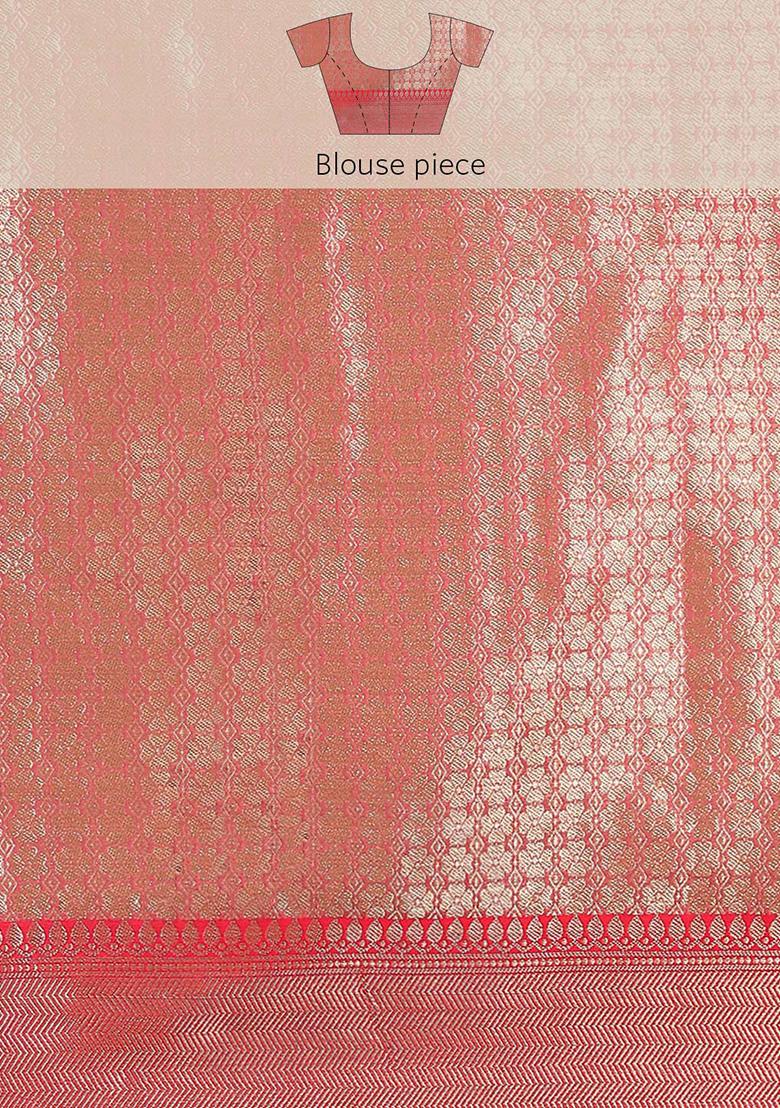 Buy Women White Zari Embroidered Kanjivaram Silk Saree Set