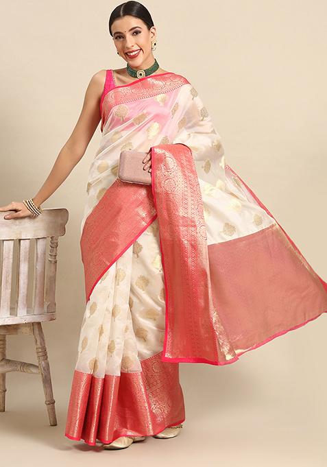 White Zari Embroidered Kanjivaram Silk Saree Set