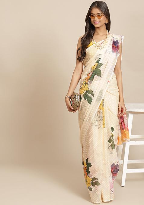 Yellow Floral Print Chiffon Saree Set