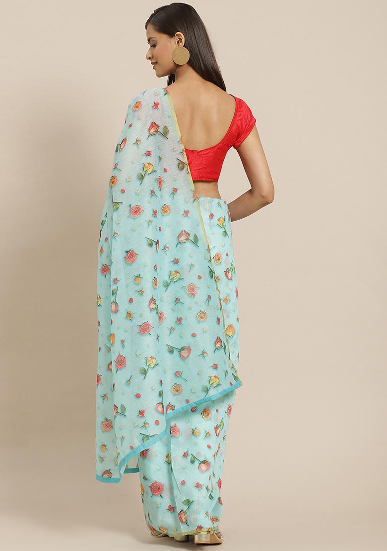 Blue Floral Print Organza Saree Set - Indya