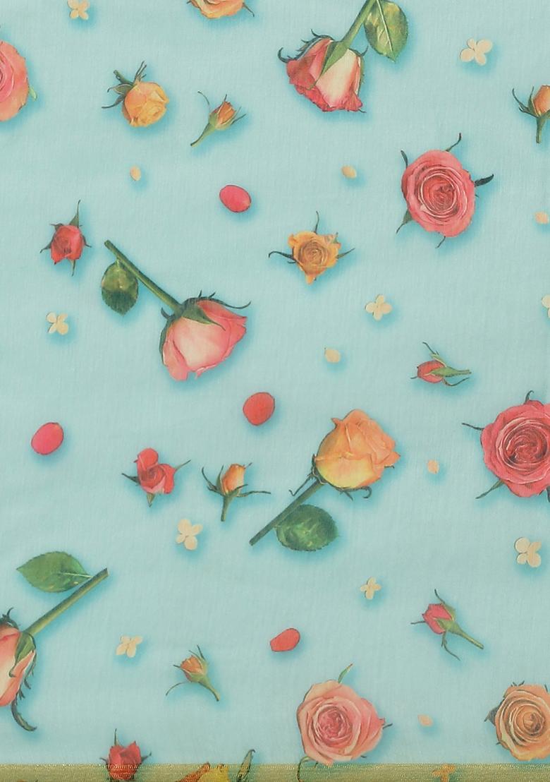 Blue Floral Print Organza Saree Set - Indya