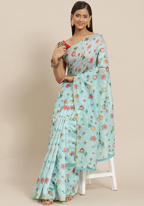 Blue Floral Print Organza Saree Set