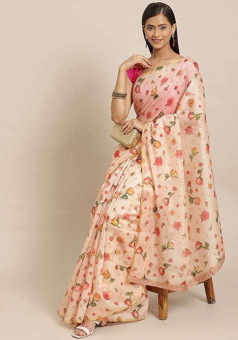 Peach Floral Print Organza Saree Set