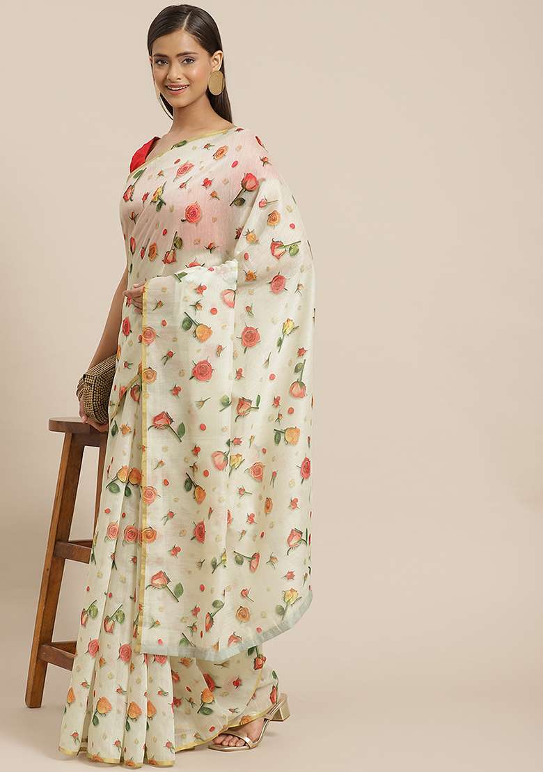 White Floral Print Organza Saree Set - Indya