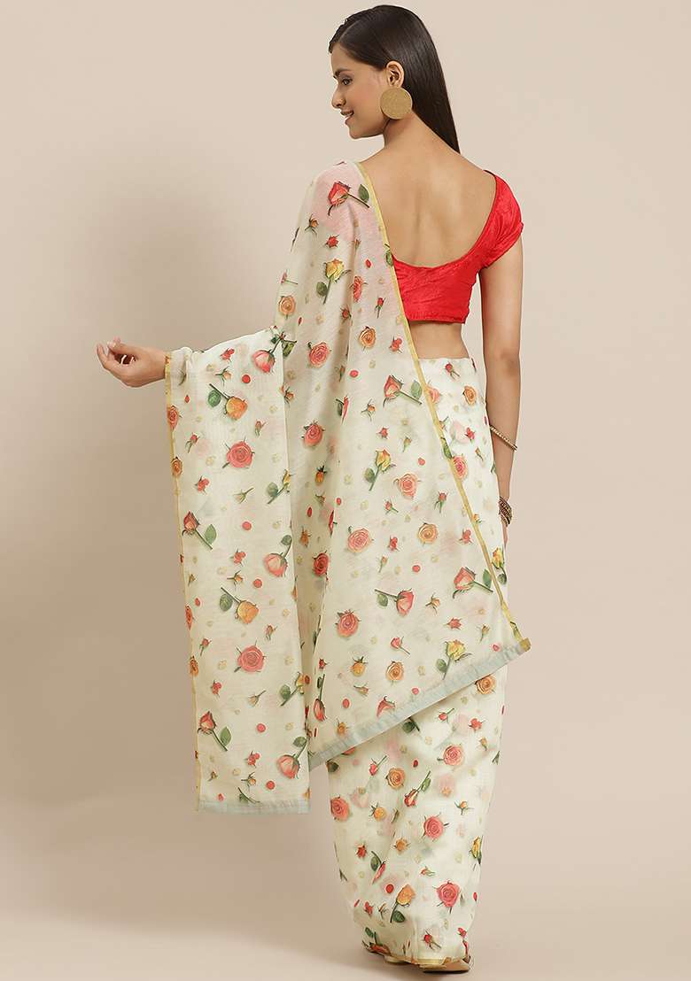 White Floral Print Organza Saree Set - Indya