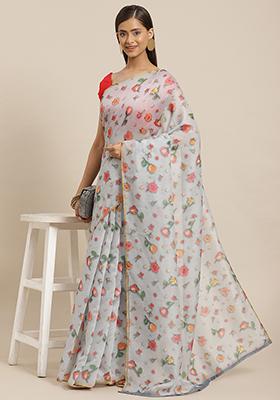 Grey Floral Print Organza Saree Set