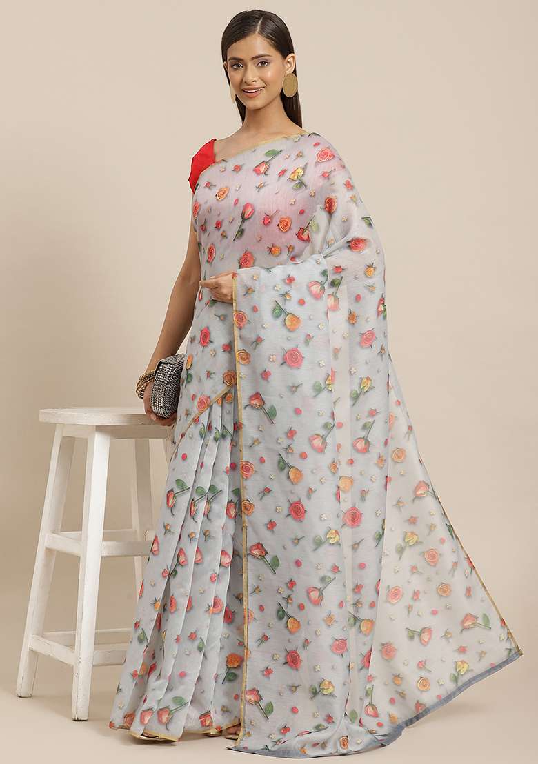 Grey Floral Print Organza Saree Set - Indya