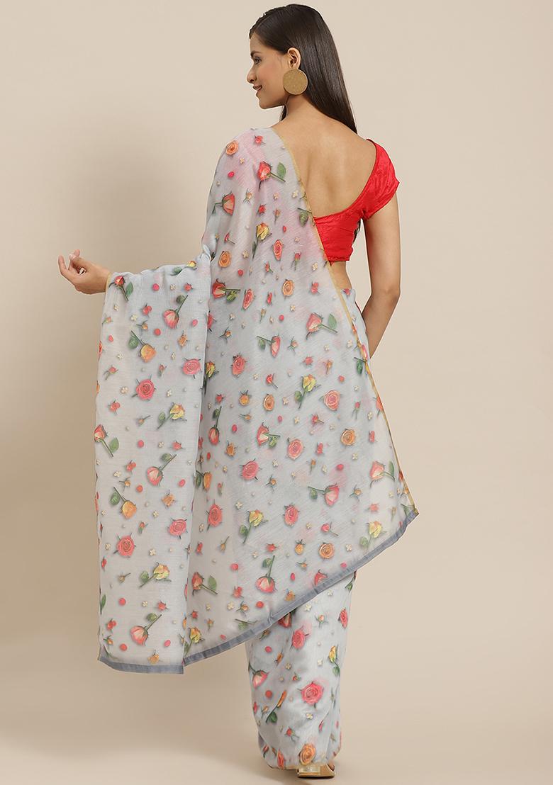 Grey Floral Print Organza Saree Set