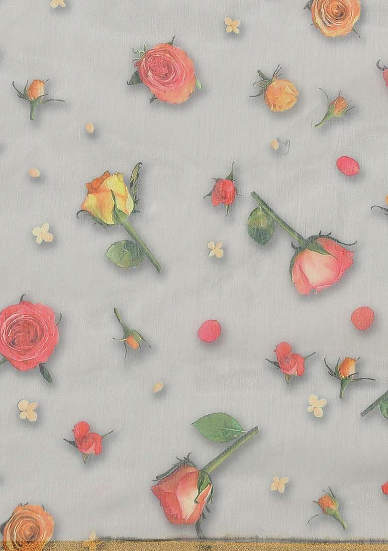 Grey Floral Print Organza Saree Set - Indya