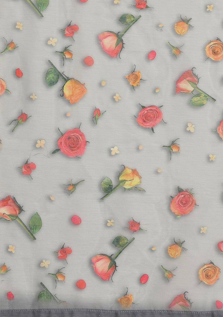Grey Floral Print Organza Saree Set