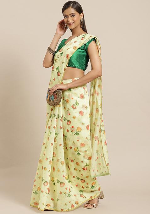 Yellow Floral Print Organza Saree Set