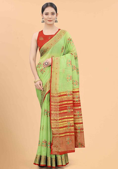 Green Floral Embroidered Cotton Saree Set