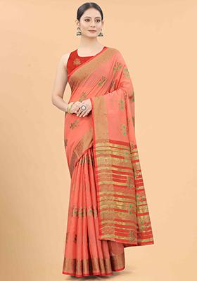 Pink Floral Embroidered Cotton Saree Set