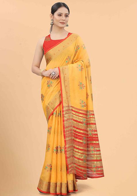 Mustard Floral Embroidered Cotton Saree Set