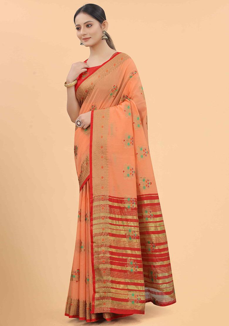 Peach Floral Embroidered Cotton Saree Set
