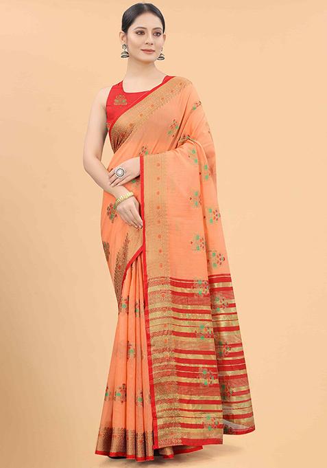 Peach Floral Embroidered Cotton Saree Set