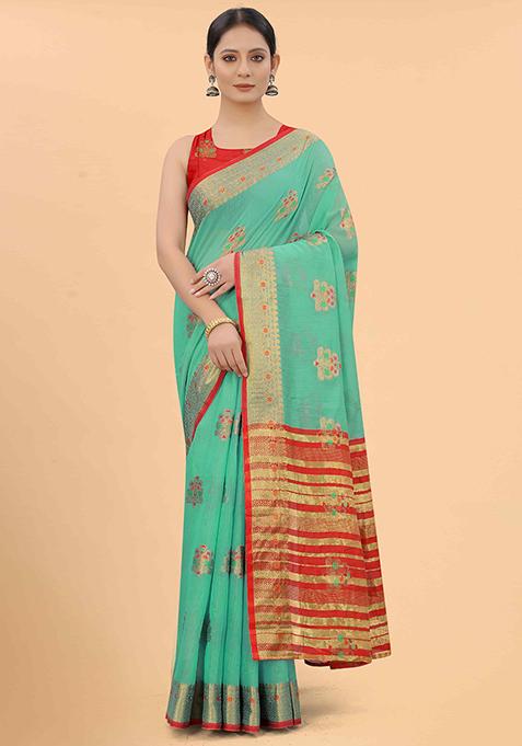 Turquoise Floral Embroidered Cotton Saree Set