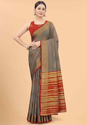 Grey Floral Embroidered Cotton Saree Set