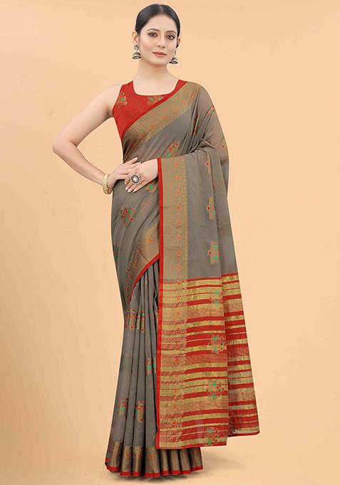 Grey Floral Embroidered Cotton Saree Set