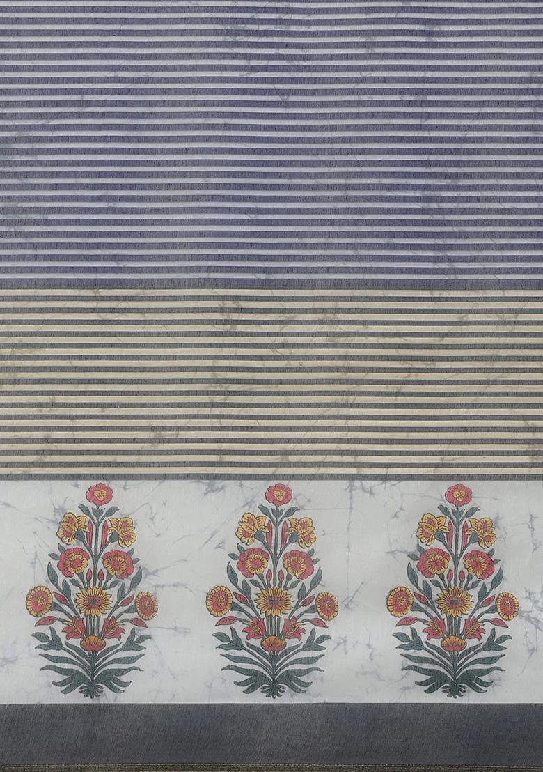 Blue Floral Embroidered Cotton Saree Set