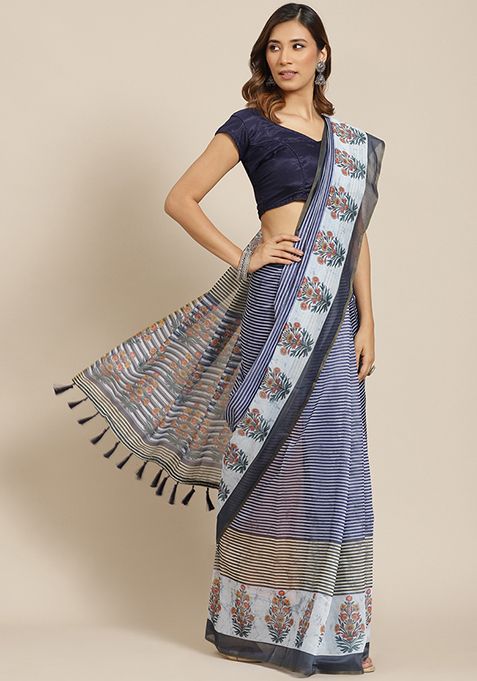 Blue Floral Embroidered Cotton Saree Set