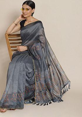 Black Floral Embroidered Cotton Saree Set